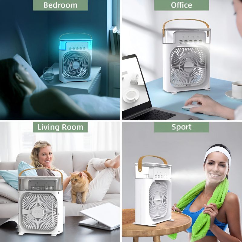 Mini Air Cooler Fan with Mist & Mood Lighting – USB Rechargeable